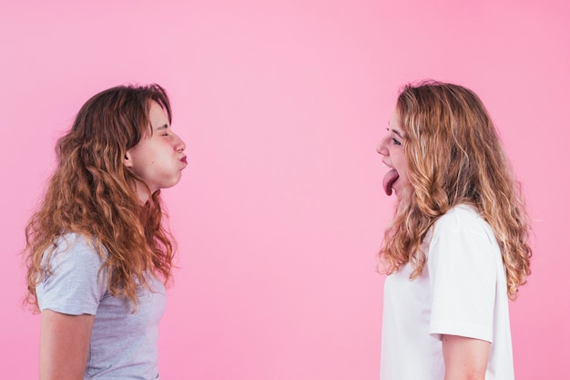 Free Photo Two Sister Teasing Each Other Against Pink Background