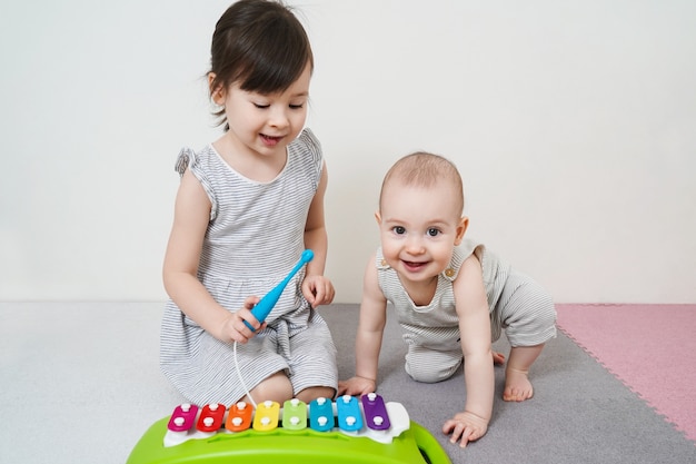 Two sisters play a xylophone. early development of preschool children. Premium Photo