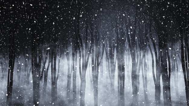 雪の夜に不気味な霧の森のレンダリング3d 無料の写真