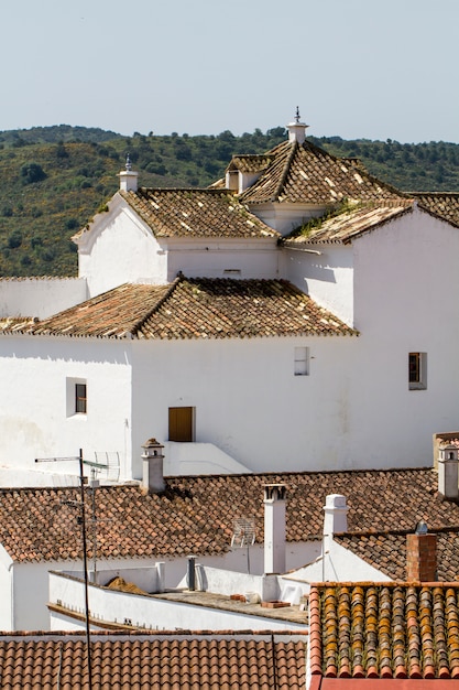 スペインにある粘土瓦屋根の典型的な白い家の市街の景色 プレミアム写真