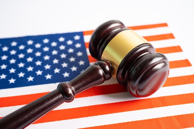 Usa america flag with gavel for judge lawyer. law and justice court concept. Premium Photo