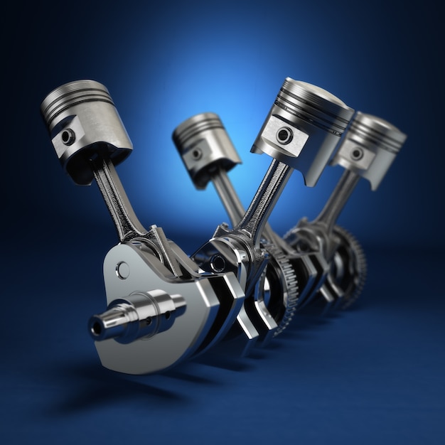 Premium Photo | V4 engine pistons and cog on blue background. 3d