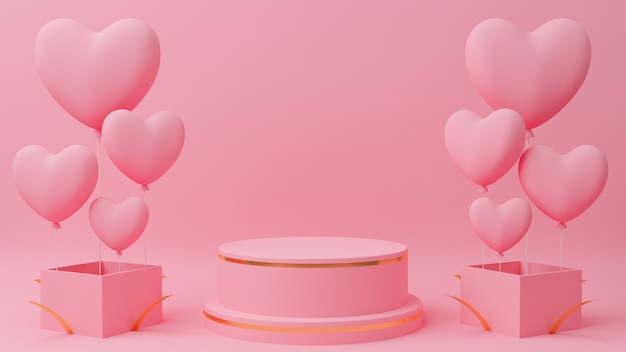 バレンタインデーのコンセプト ゴールドのエッジが付いた円表彰台のピンクのパステルカラー 近くのギフトボックスにピンクのハートの風船 プレミアム写真