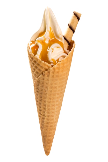 Premium Photo Vanilla Ice Cream And Caramel Sauce In Cone