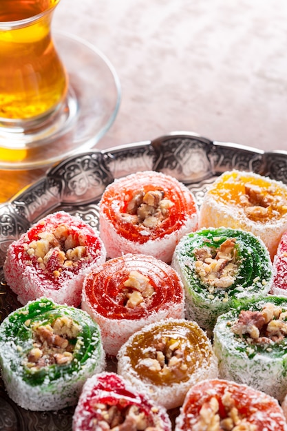 Premium Photo | Various Pieces Of Turkish Delight Lokum And Black Tea