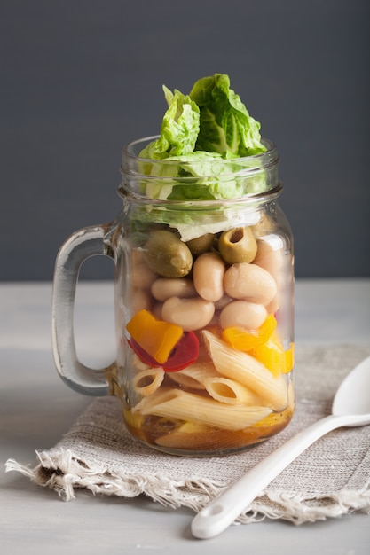 Download Premium Photo Vegan Pasta Salad In Mason Jars With Vegetables Beans Olives