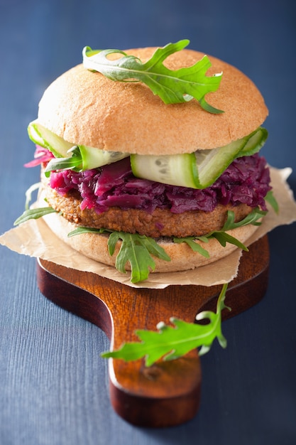 Premium Photo | Veggie soy burger with pickled red cabbage, cucumber ...