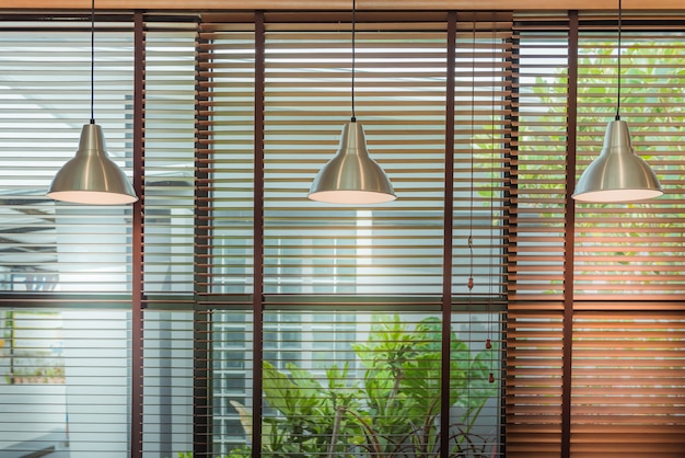 Venetian Blinds By The Window Or Blinds Window And Ceiling Lamp