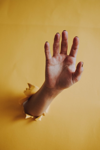 黄色い紙の壁を打ち破る人の手のひらの垂直方向のショット 無料の写真