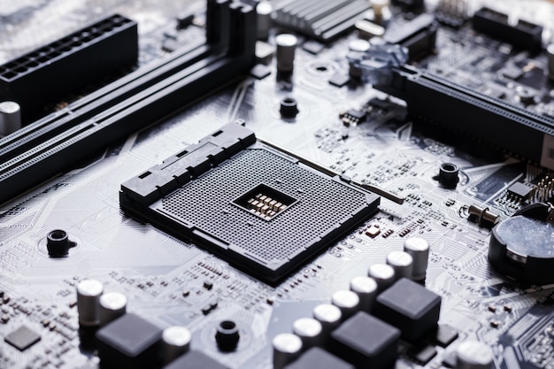 View of cpu socket on pc computer motherboard Premium Photo