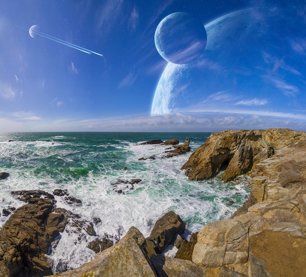 View of distant planet system from cliffs Premium Photo