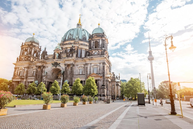 View on the famous dom cathedral with lust garden and television tower during the morning light in berlin city Premium Photo
