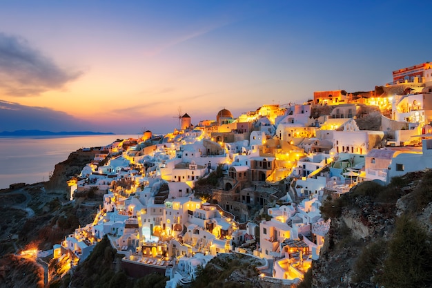 Premium Photo | View of oia at sunset