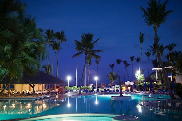 Premium Photo | View of summer tropical resort at night