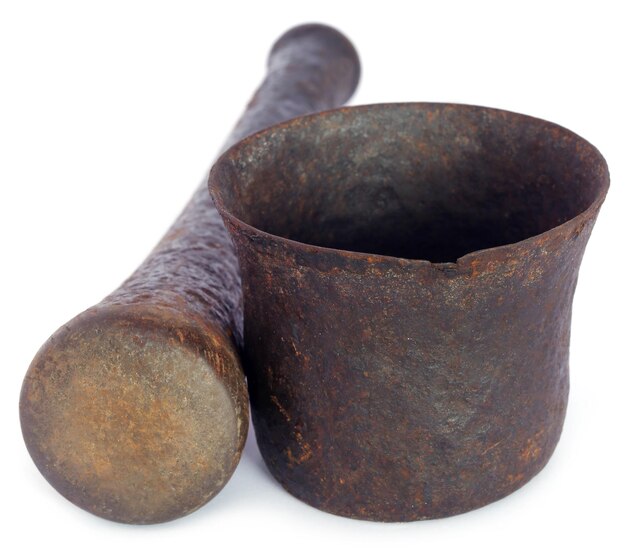 Premium Photo | Vintage mortar with pestle over white background