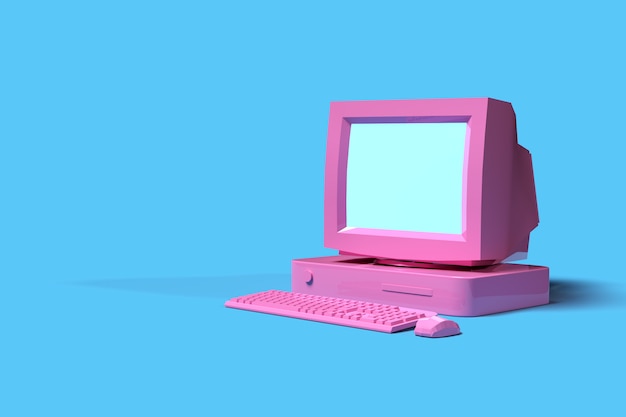 Premium Photo | Vintage old pink computer desktop on blue background