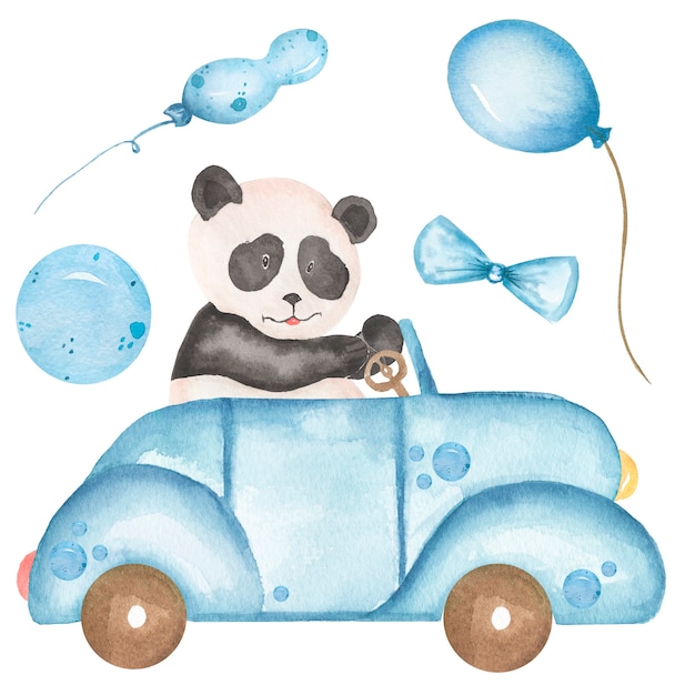 Premium Photo Watercolor Baby Panda Drives The Car Illustration Safari Animal Clipart Blue Balloons Forest Bear Clip Art Baby Shower Graphics Kids Birthday Party Cards Blue Transport