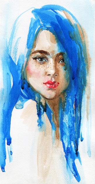長い青い髪を持つ水彩美若い女性 手描きの垂直の肖像画 絵画ファッションイラスト分離 プレミアム写真