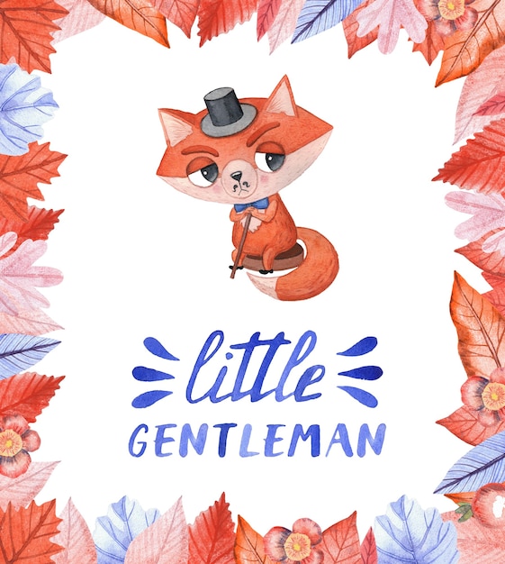 キツネと水彩カード 秋のオレンジの葉の正方形のフレーム 青いレタリングの小さな紳士 真面目な顔つきの幼稚な知性 真面目な顔の幼稚なキャラクター プレミアム写真