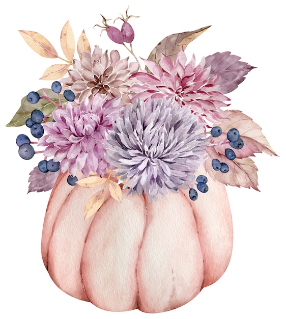 Download Premium Photo Watercolor Fall Flowers Autumn Leaves Berries In The Pumpkin Beautiful Floral And Pumpkin Arrangement