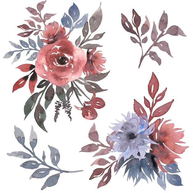 グレーピンクとネイビーブルーの花の水彩花花束イラスト プレミアム写真
