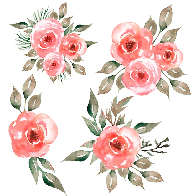 ピンクの花 灰色の緑の葉と水彩花の花束のイラスト プレミアム写真