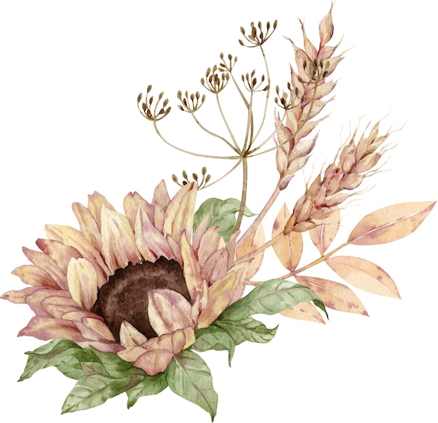 水彩画の花の花束 ひまわり ディル 小麦の穂 感謝祭のイラスト 収穫と秋のコンセプトです プレミアム写真