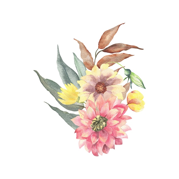 水彩花の花束 野生 森のハーブ 花 枝 白い背景 緑の葉に分離されたイラスト 手描きの花の要素coleccion プレミアム写真