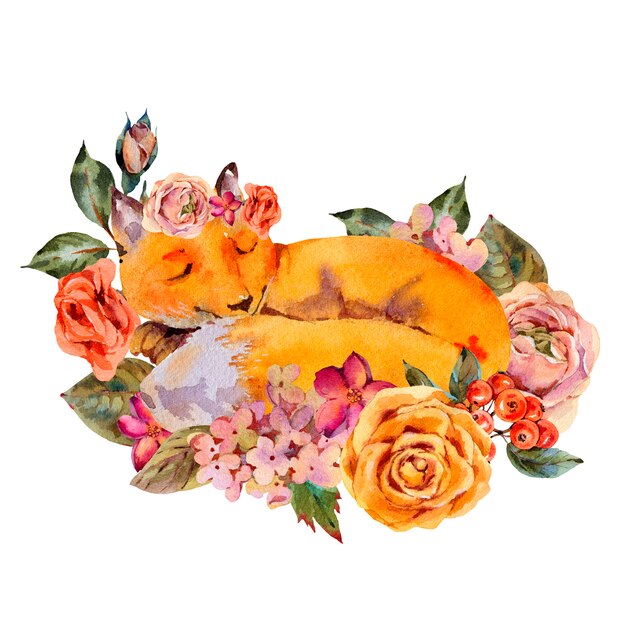 Premium Photo Watercolor Floral Fox Greeting Card Sleeping Fox Roses Hydrangea Wildflowers