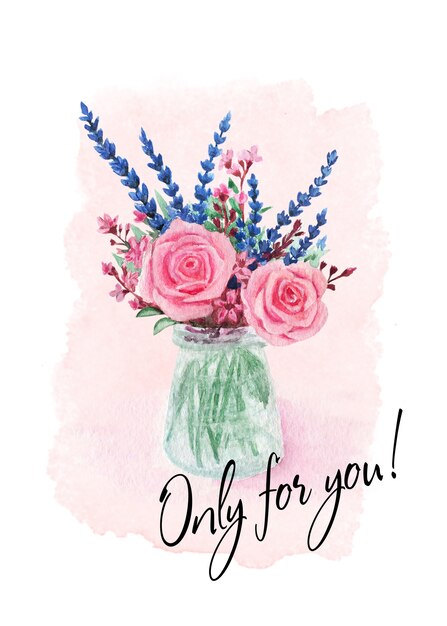水彩花花束カード 手描きストックイラスト あなたのためのグリーティングカード プレミアム写真