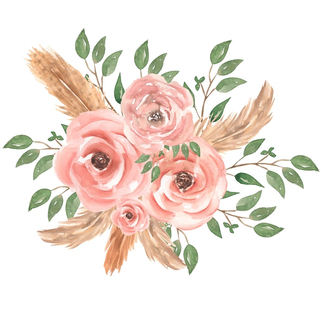 緑の葉 芽 羽 枝と水彩の手描きピンクのバラの花の花束イラスト ウェディングブーケ プレミアム写真