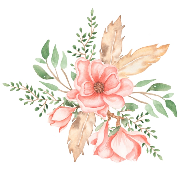 水彩の手には 緑の葉 羽 枝と柔らかいピンクの牡丹とマグノリアの花の花束イラストが描かれました ウェディングブーケ プレミアム写真