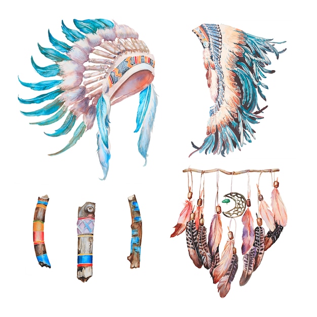 Premium Photo | Watercolor hand painted indian headdresses and ...