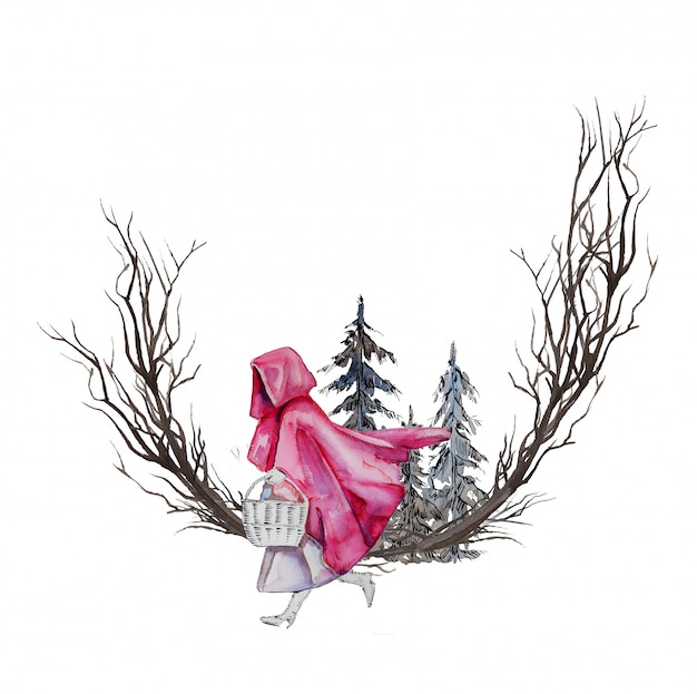 Premium Photo Watercolor Hand Painted Little Red Riding Hood And Wolf Frame Isolated On A White Story Illustration Fairytale Related Design