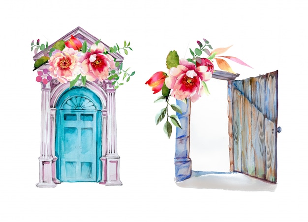 水彩の手描きの花のデザインの古いドア アンティークドアのイラスト プレミアム写真