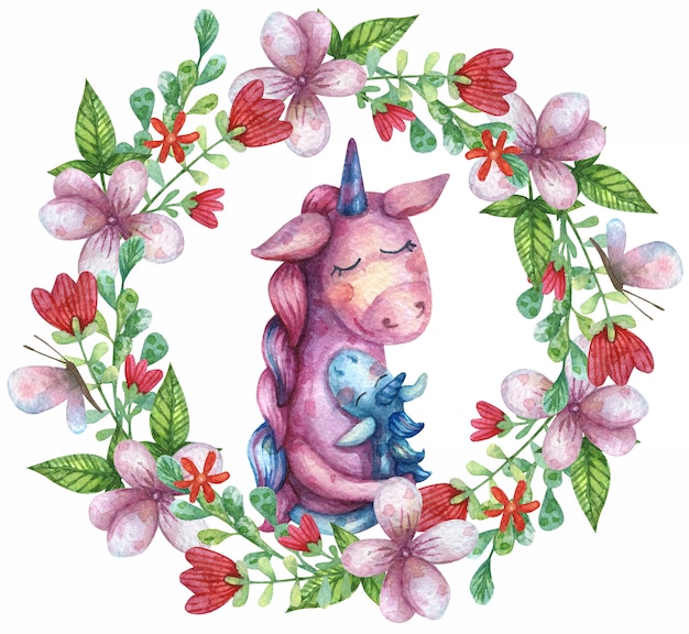 お母さんを抱いてかわいいユニコーンの水彩イラスト 野の花と葉と蝶の花輪 プレミアム写真