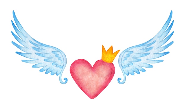 天使の羽と王冠のピンクのハートの水彩イラスト プレミアム写真