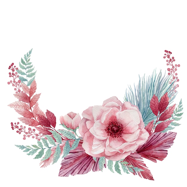 繊細なアネモネの花と青い熱帯小枝の水彩イラスト ピンクの花と青いヤシの葉の花輪 プレミアム写真