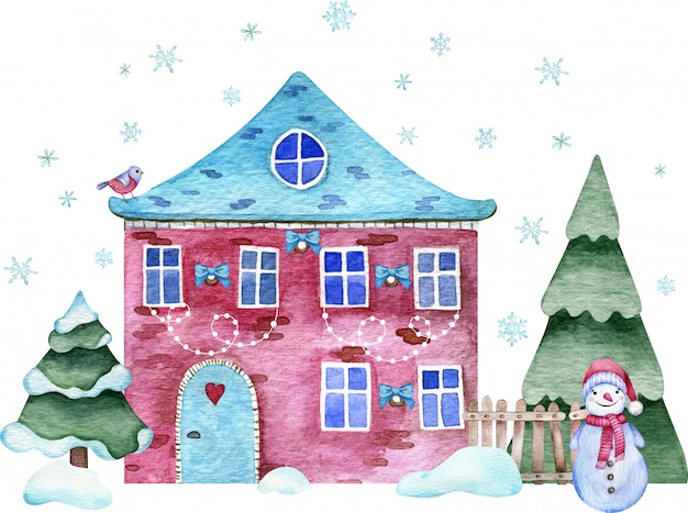 雪だるまとスプルース 雪だるま 飛ぶ雪と深紅色のレンガのクリスマスの家の水彩イラスト プレミアム写真
