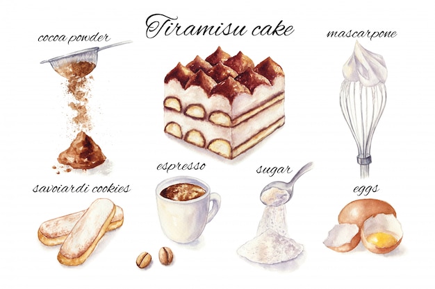 ティラミスケーキの水彩イラスト 調理成分 プレミアム写真