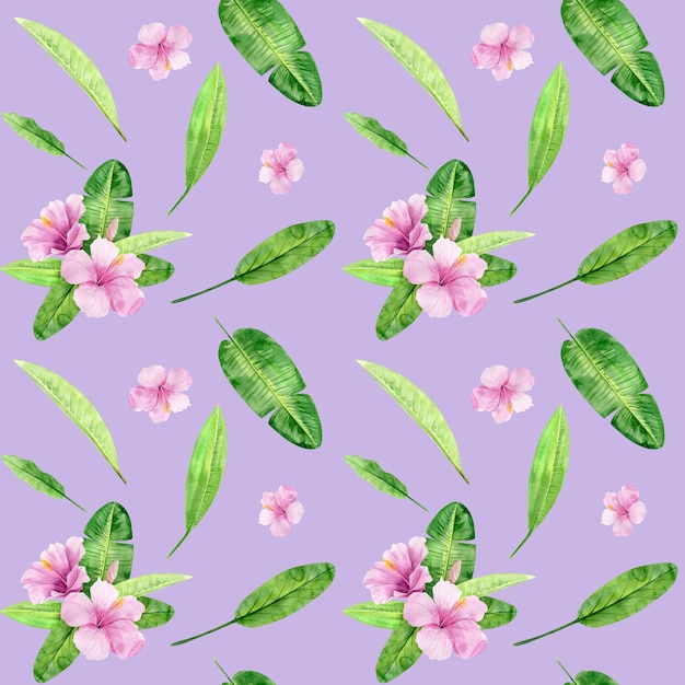 熱帯の葉と花のハイビスカスの水彩イラストシームレスパターン 背景のテクスチャ 包装紙 テキスタイル 壁紙のデザインとして最適です 手で書いた プレミアム写真
