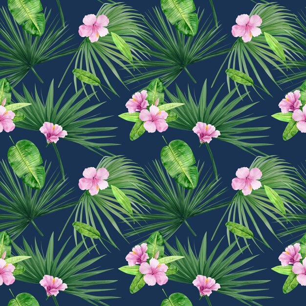 熱帯の葉と花のハイビスカスの水彩イラストシームレスパターン 背景のテクスチャ 包装紙 テキスタイル 壁紙のデザインとして最適です 手で書いた プレミアム写真