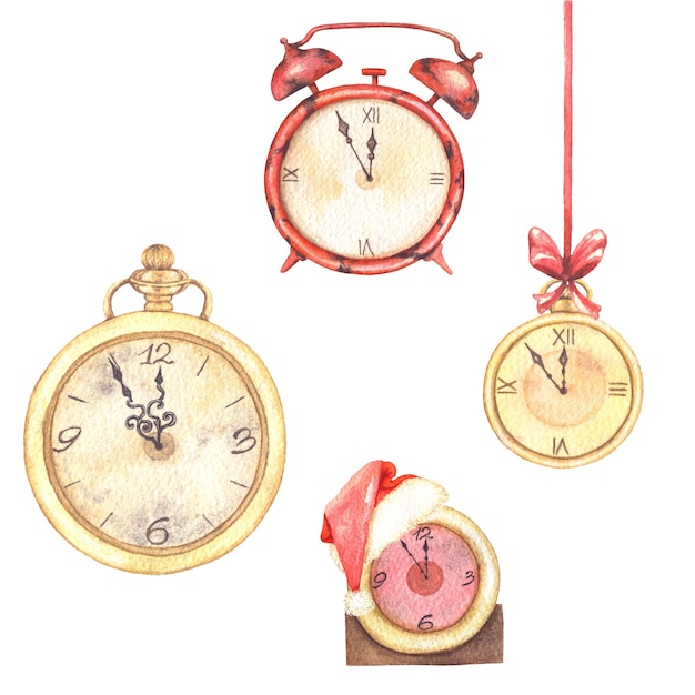 水彩イラストクリップアートクリスマスセットゴールドのヴィンテージ時計 プレミアム写真