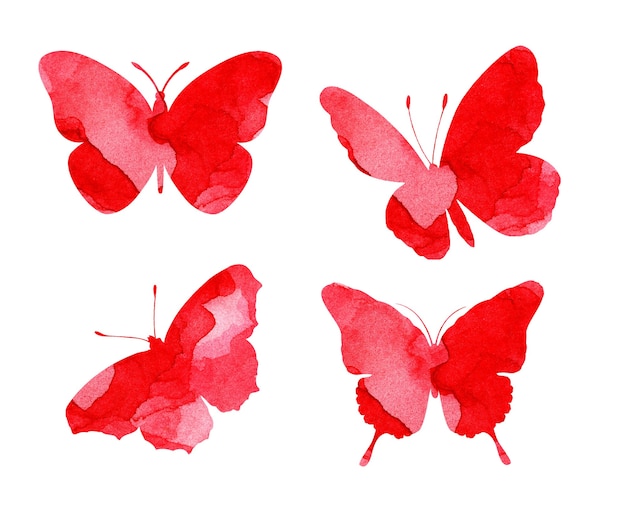 蝶の美しい赤いシルエットの水彩イラスト 昆虫の罠 水彩のしみ 蝶 白で隔離 手で描いた プレミアム写真