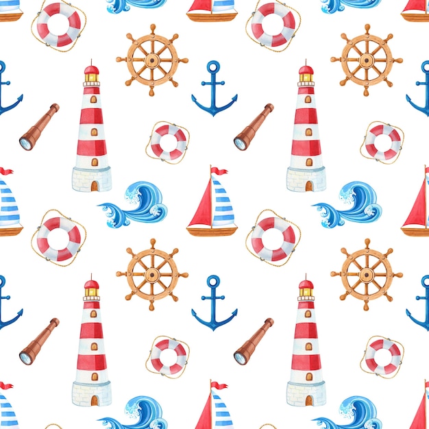 Premium Photo | Watercolor marine seamless pattern with wooden ship ...