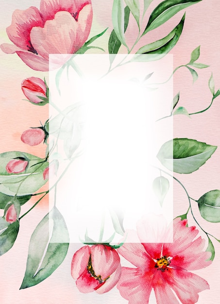 Premium Photo | Watercolor pink flowers and green leaves frame card ...