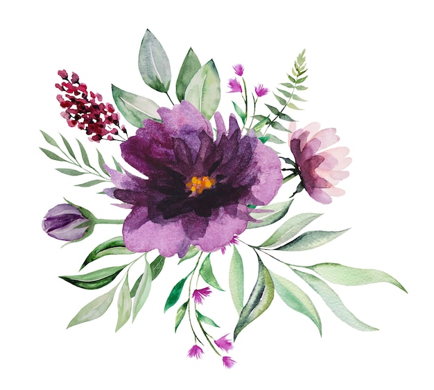 水彩紫とピンクの野生の花と緑の葉の花束イラスト プレミアム写真