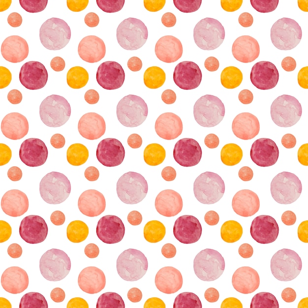 水彩の丸い汚れドットパターン 白い背景の上のオレンジ ピンク 黄色のドットとのシームレスなパターン 手描きの抽象的な壁紙 プレミアム写真