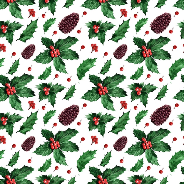 Premium Photo | Watercolor seamless pattern with holly plant