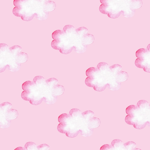 ピンクの雲と水彩のシームレスなパターン 女の赤ちゃんのイラスト プレミアム写真